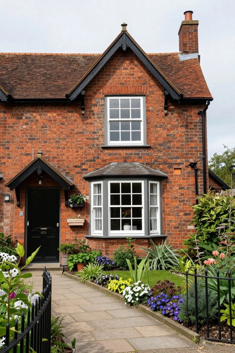 A two-story red brick cottage with black timber framing on gables and porch, white sash windows including an upper rectangular one and lower bay window, black front door, flower boxes, colorful front garden beds, and a paved path with black iron fence.