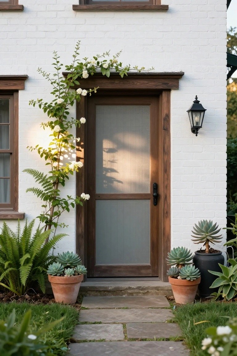 White brick house exterior featuring a wooden screen door framed by climbing vines with white flowers, flanked by potted ferns and succulents along a stone pathway.