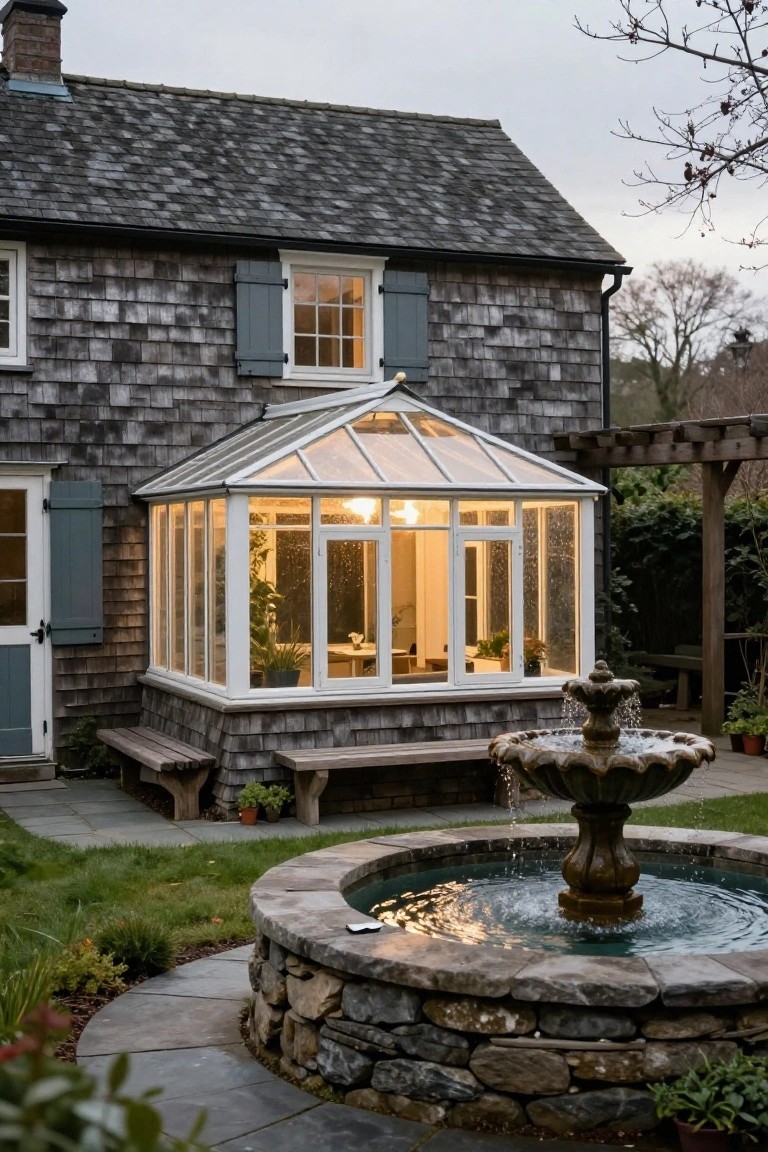 Gray shingle-style cottage with attached glass conservatory extension, wooden benches, stone fountain in circular basin, garden plantings, and pathway in evening light.