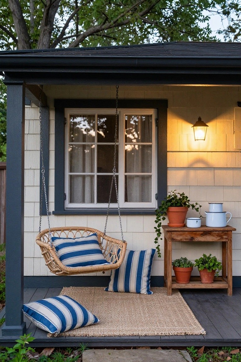 Covered porch featuring a hanging wicker swing with blue and white striped cushions, a wooden side table holding potted plants and white enamel pots, a wall lantern beside a windowed structure, and a seagrass rug on the deck.