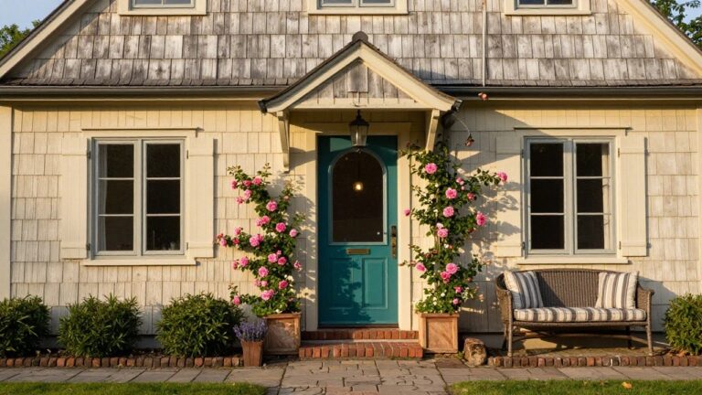 15 Cottage Exterior Design Inspirations for a Cozy and Inviting Home Light cream shingle cottage with dark slate roof and gabled entry, turquoise glazed front door lit by a black lantern, pink climbing roses on walls, lavender in terracotta pots, brick path, and garden borders.