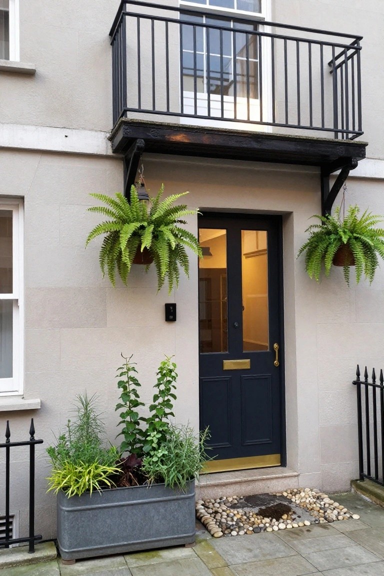 Front view of a beige stucco house exterior featuring a dark blue double front door with glass panels, flanked by two hanging Boston fern plants, a small balcony above with black railing, and a large galvanized metal trough planter filled with assorted green plants beside a black iron fence.