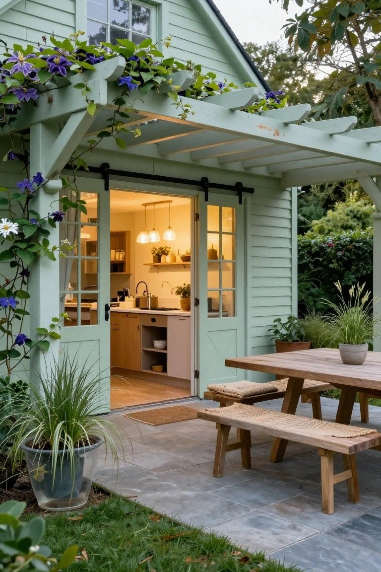 Mint green wooden garden shed with open sliding doors showing a kitchen interior, covered by a pergola with purple flowering vines, next to a wooden dining table and benches on a stone patio with potted plants and greenery.