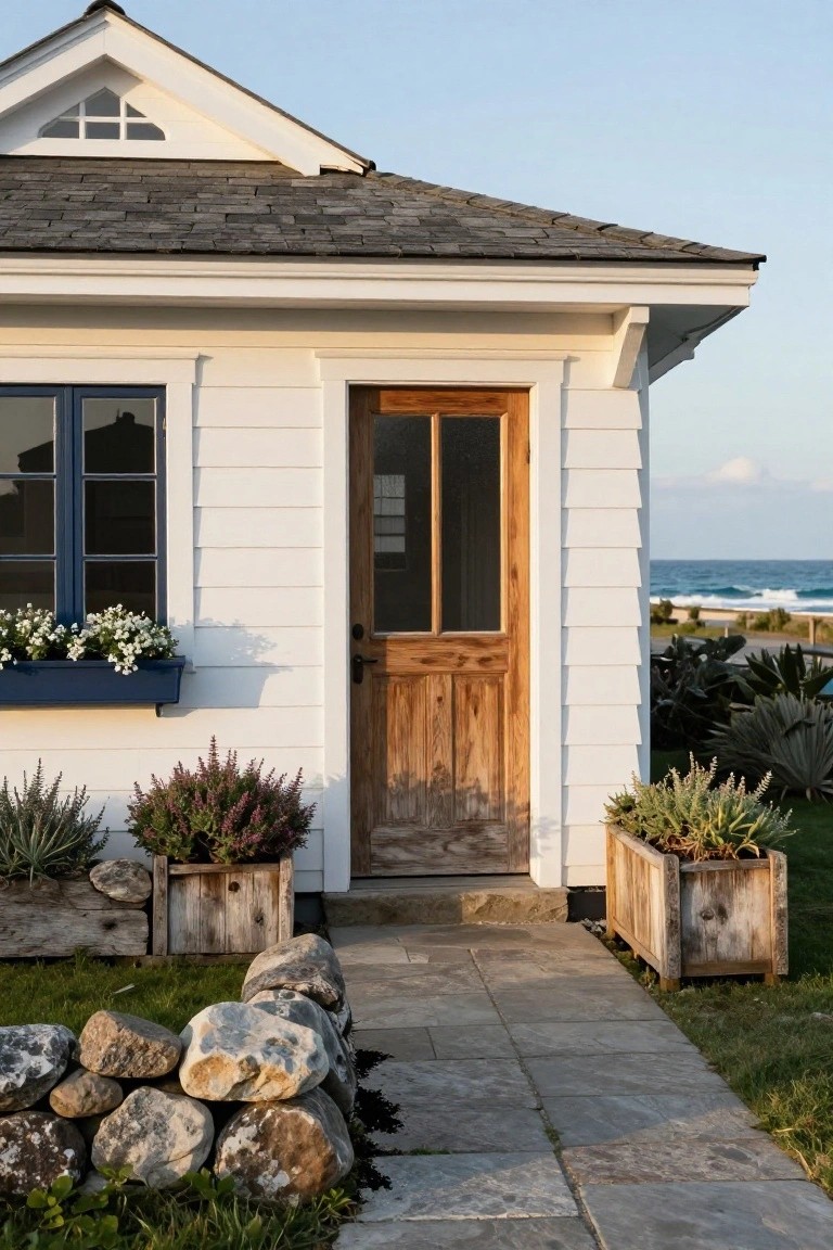 White clapboard cottage corner with gray shingle roof, wooden glazed front door, blue window with white flower box, potted shrubs and succulents in wooden boxes, stone border wall, and slate paver path near ocean beach.