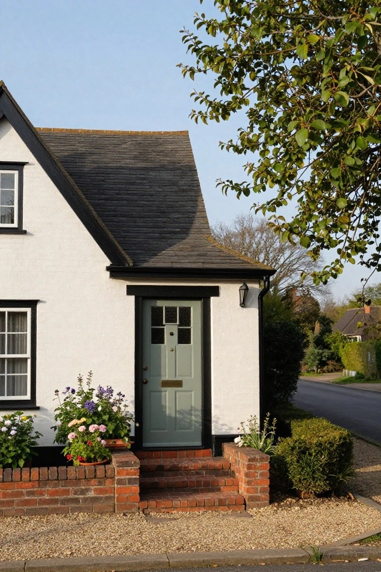 White rendered cottage with black timber framing and slate roof, featuring a sage green front door with brass letterbox, flanked by flower pots, brick steps, and a gravel driveway beside a quiet road.