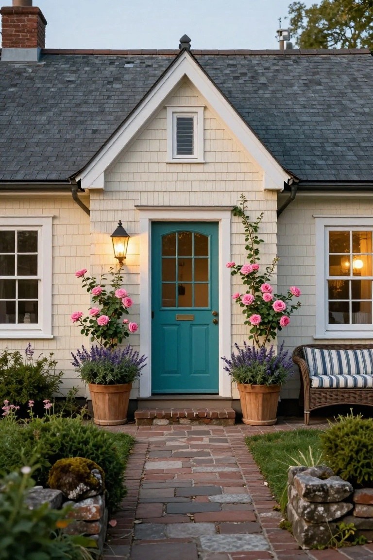 Light cream shingle cottage with dark slate roof and gabled entry, turquoise glazed front door lit by a black lantern, pink climbing roses on walls, lavender in terracotta pots, brick path, and garden borders.
