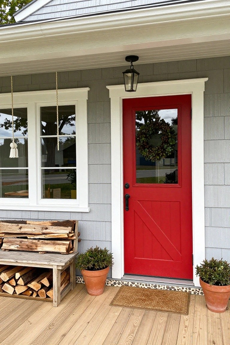 Gray shingle house exterior featuring a bright red paneled front door with glass panel and wreath, white-trimmed windows with hanging tassels, firewood rack bench, potted shrubs, and seagrass door mat on a wooden porch deck.