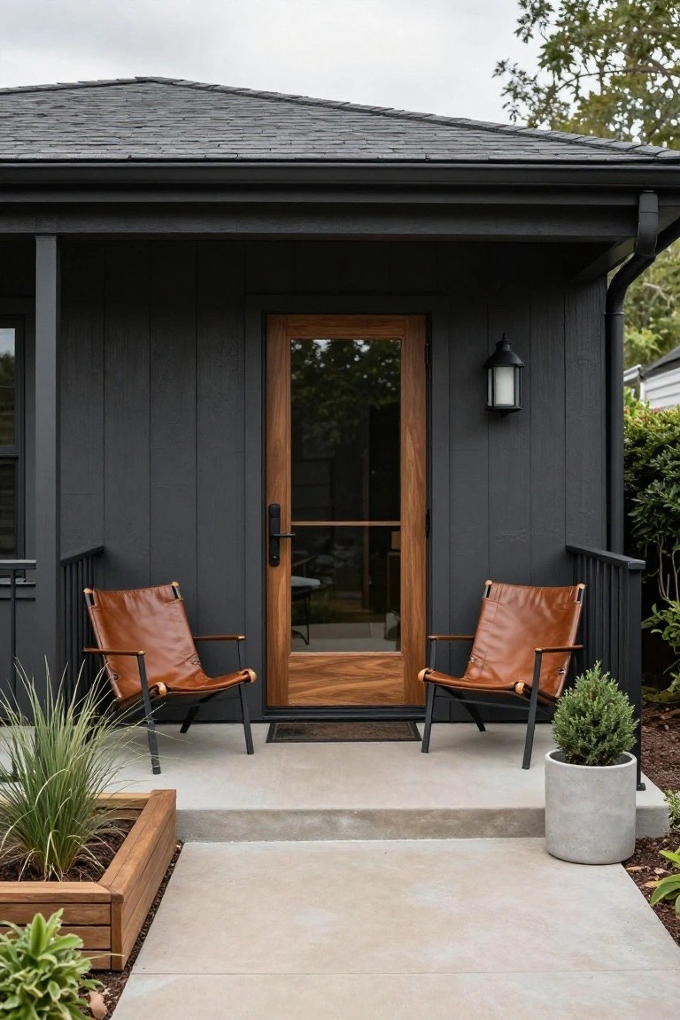 Black board-and-batten cottage exterior with wooden glass-paneled front door on a porch, flanked by two tan leather sling chairs, potted plants, wooden planter box, and concrete steps.