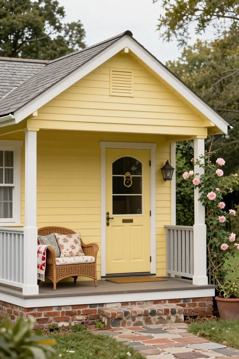 Small pale yellow clapboard cottage with white trim, gabled slate roof, front porch featuring wicker armchair with pillows and throw, yellow door with arched glass and brass knocker, wall lantern, climbing pink roses, and brick steps along a stone path.