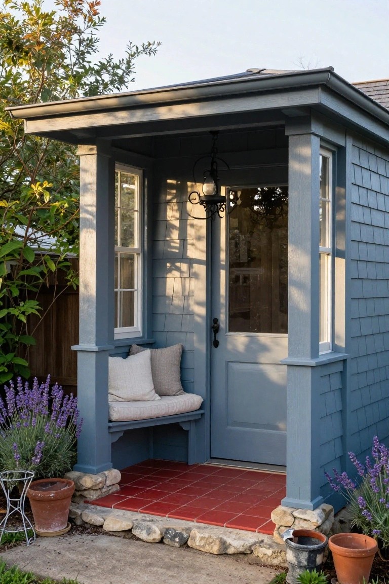 Gray shingled cottage outbuilding with covered porch, built-in bench with beige cushions beside blue door, flanked by lavender plants in pots on red tile floor with rock edging.