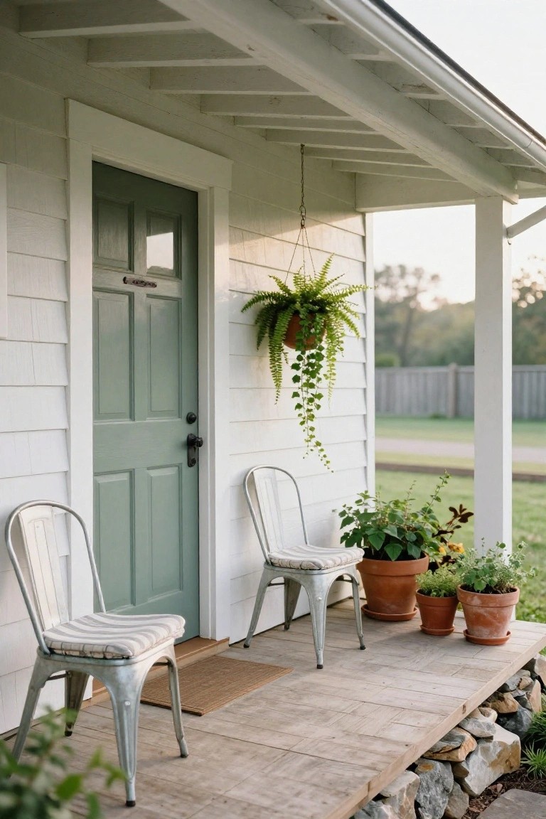 White clapboard house with sage green paneled front door on a covered wooden porch, two silver metal chairs with striped cushions, potted plants in terracotta pots, and a hanging fern basket.