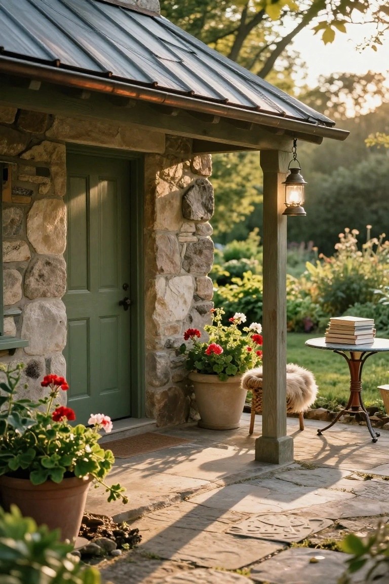 Stone cottage exterior with green door on porch, large terracotta pots of red and white geraniums flanking the entry, small round metal table holding stacked books, wicker stool with sheepskin, and hanging lantern on wooden post.