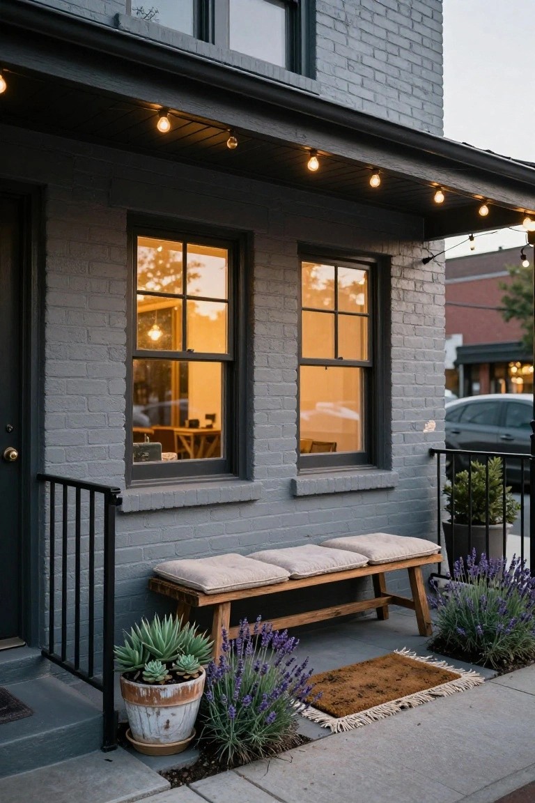 Gray painted brick house exterior with dark trim and a covered front porch, featuring a wooden bench with beige cushions, potted agave plant, lavender bushes, string lights overhead, black railing, and a brown fringed door mat.