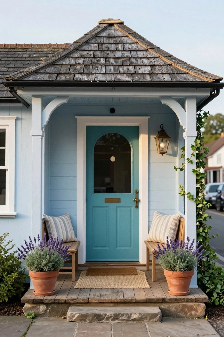 Light blue clapboard cottage exterior with turquoise arched front door under a covered porch supported by white columns, wooden benches with striped cushions and potted lavender plants on either side, lantern light, seagrass mat, and stone steps leading to gravel path.