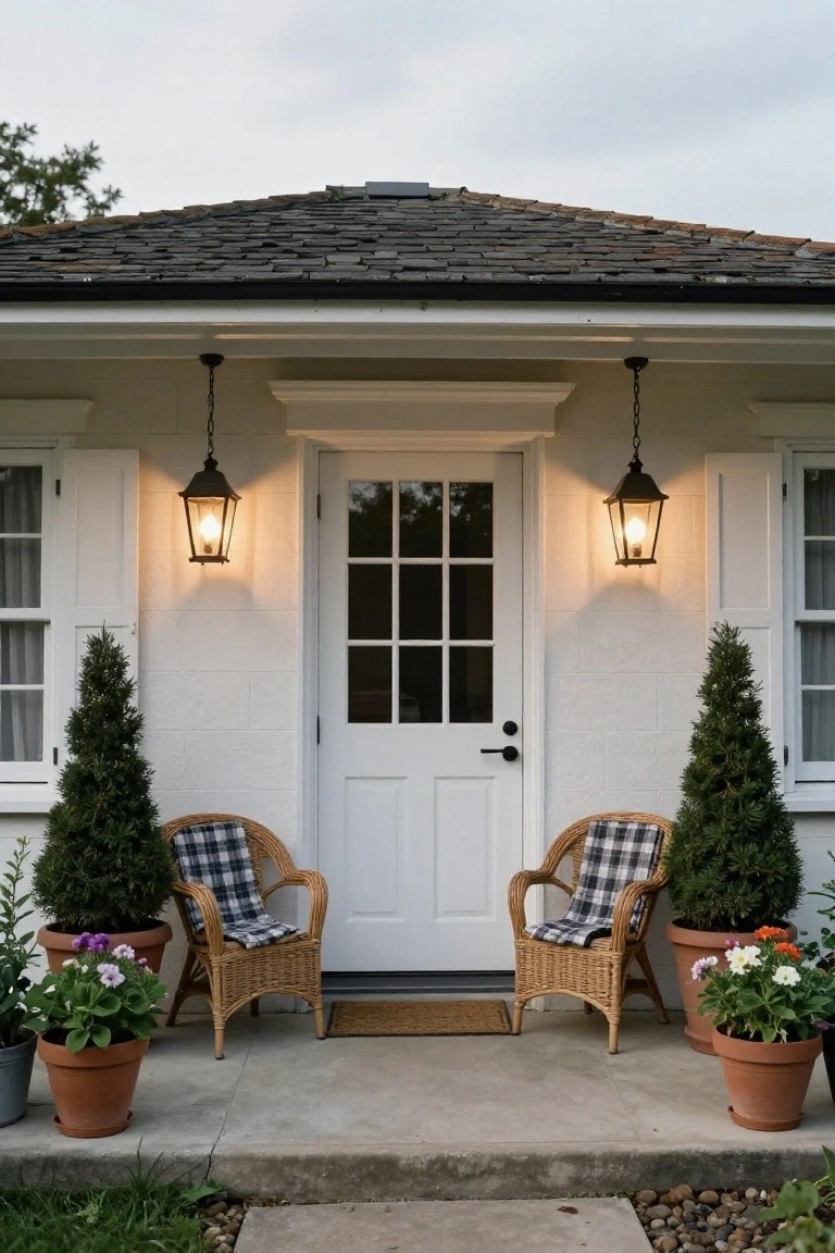 White stucco cottage front porch featuring a central white door with nine glass panes, flanked by two hanging black lanterns, two wicker armchairs with plaid throws, potted topiary trees, and flower pots on a concrete stoop.