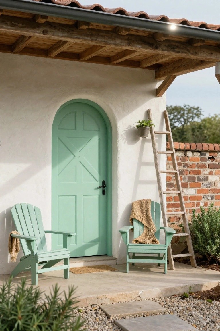 White stucco cottage exterior featuring a mint green arched front door, two matching green Adirondack chairs with tan throws on the porch steps, a leaning wooden ladder holding a potted plant, rosemary shrubs, and a brick wall nearby.