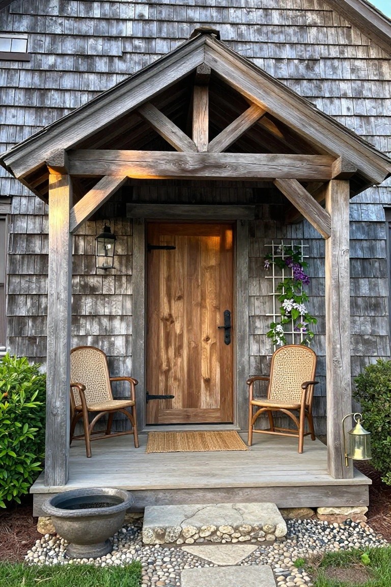 Weathered shingle cottage front porch with exposed timber beam gable roof, wooden door flanked by lanterns, two rattan armchairs, climbing vines on trellis, stone steps, potted plant, and gravel border.