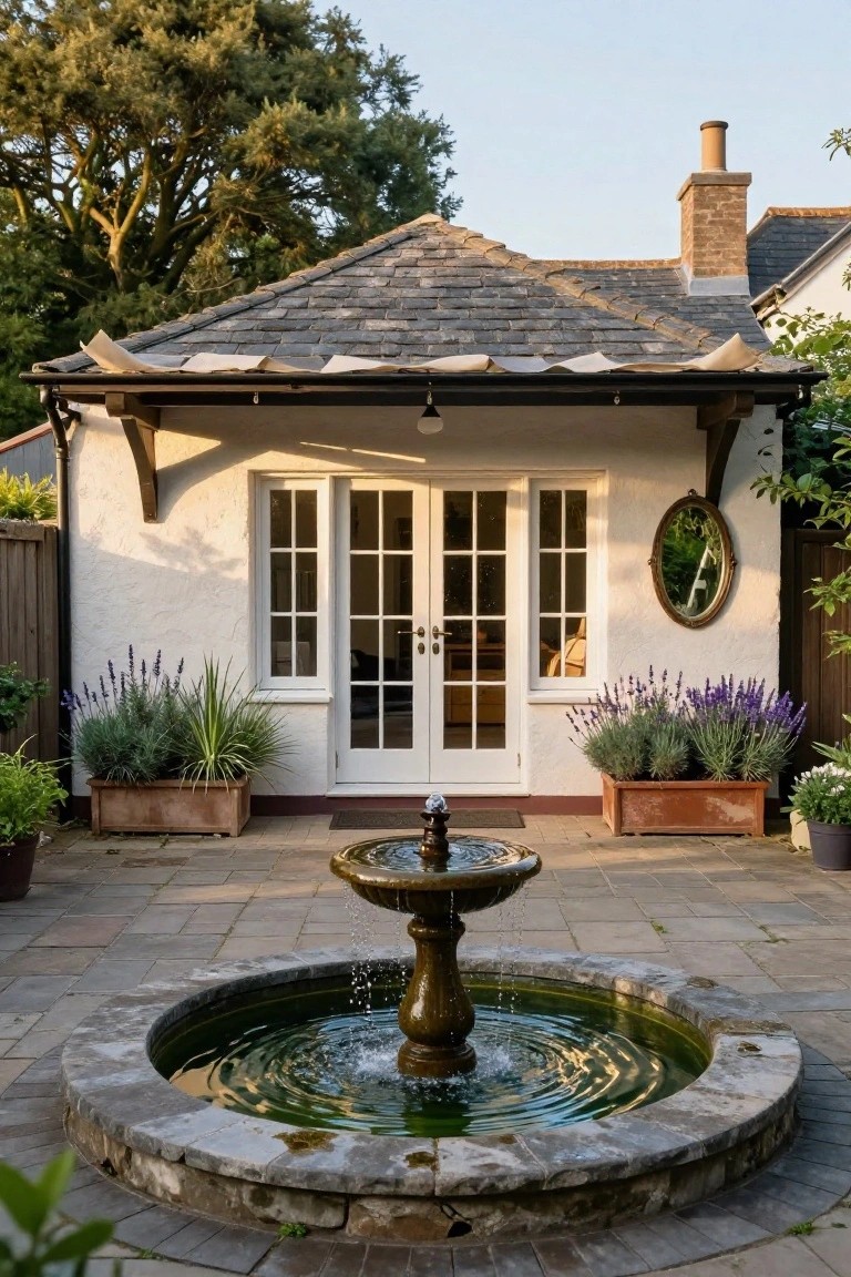 Small white-rendered cottage outbuilding with slate roof, wooden porch overhang, and white French doors, fronted by a circular paved patio containing a central stone fountain surrounded by potted plants and lavender.