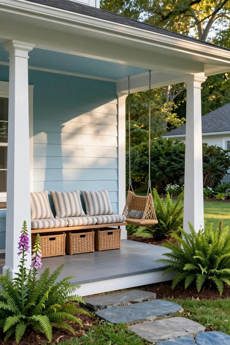 Covered front porch with white columns, blue ceiling, hanging wicker swing, cushioned bench with striped pillows and wicker storage baskets underneath, potted ferns and foxglove plants, gray decking, and stone steps to lawn.