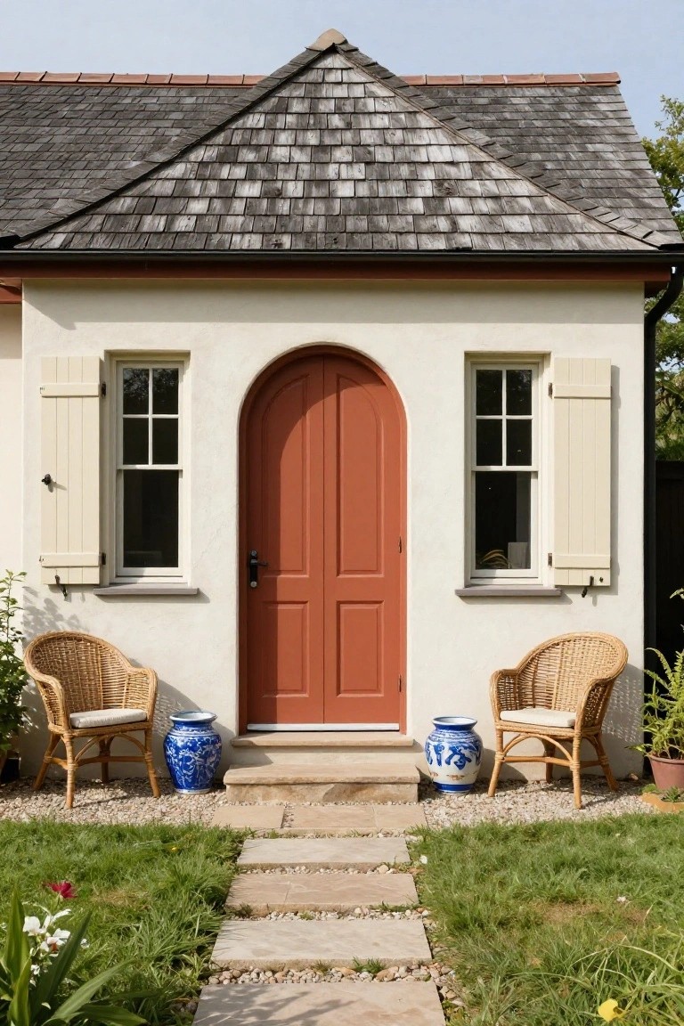 Small cream stucco cottage with dark slate gable roof, centered arched red paneled door, flanked by narrow windows with cream shutters, wicker chairs and blue porcelain vases beside stone entry steps, gravel and grass path in front