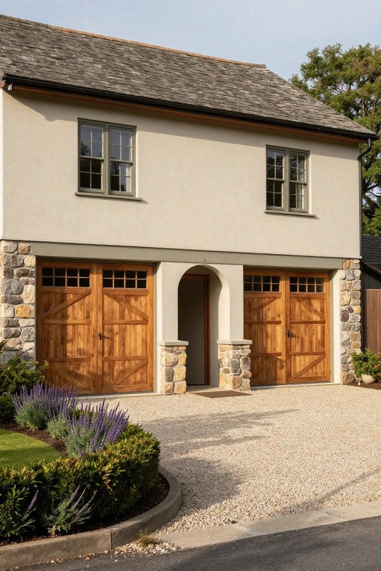 Beige stucco house with slate roof, two wooden garage doors with glass panels flanked by stone pillars, central arched pedestrian doorway, lavender plants and boxwood hedge along gravel driveway.