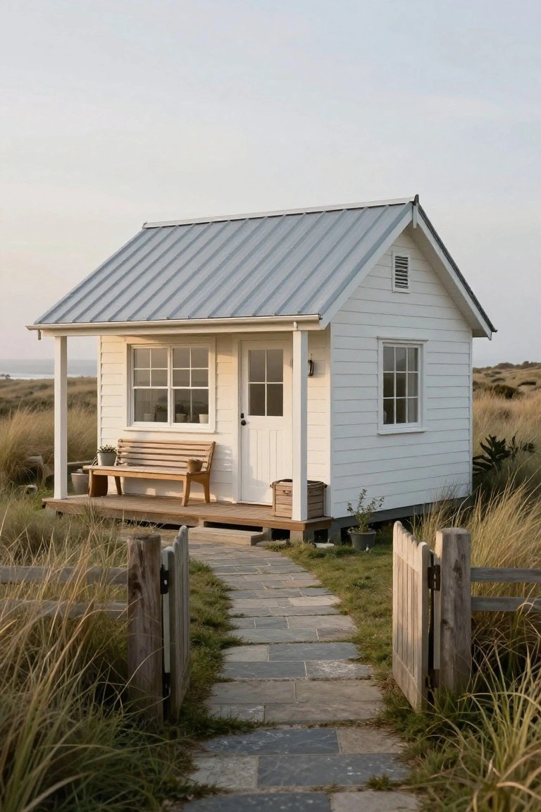 Small white lap-sided cottage with gray metal roof, wooden porch featuring a bench and potted plants, stone pathway through tall grasses leading to an open wooden gate, with dunes and ocean in the background.