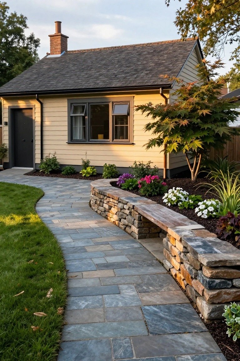 Small yellow clapboard cottage with dark gray roof, black door, and gray-framed windows approached by a curved gray paver walkway edged by grass lawn and a low stone retaining wall with wooden bench seat topped by white flowers and plants.