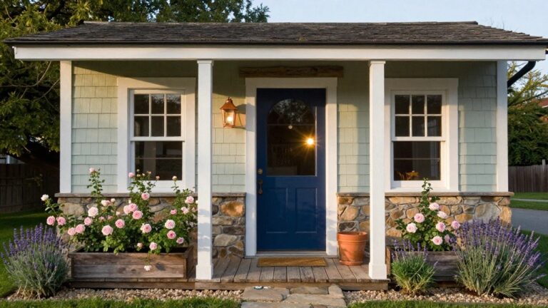 Pale green clapboard cottage with navy blue arched front door, white porch columns, window boxes of pink roses, lavender plants on both sides, lantern light, wooden porch steps, and stone path entrance.