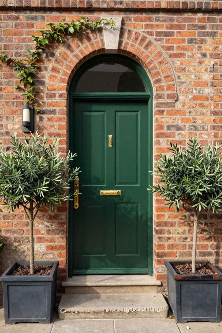 Green wooden front door with brass knocker and handle on a brick house under an arched window with ivy, flanked by two potted olive trees in black containers on a stone step.