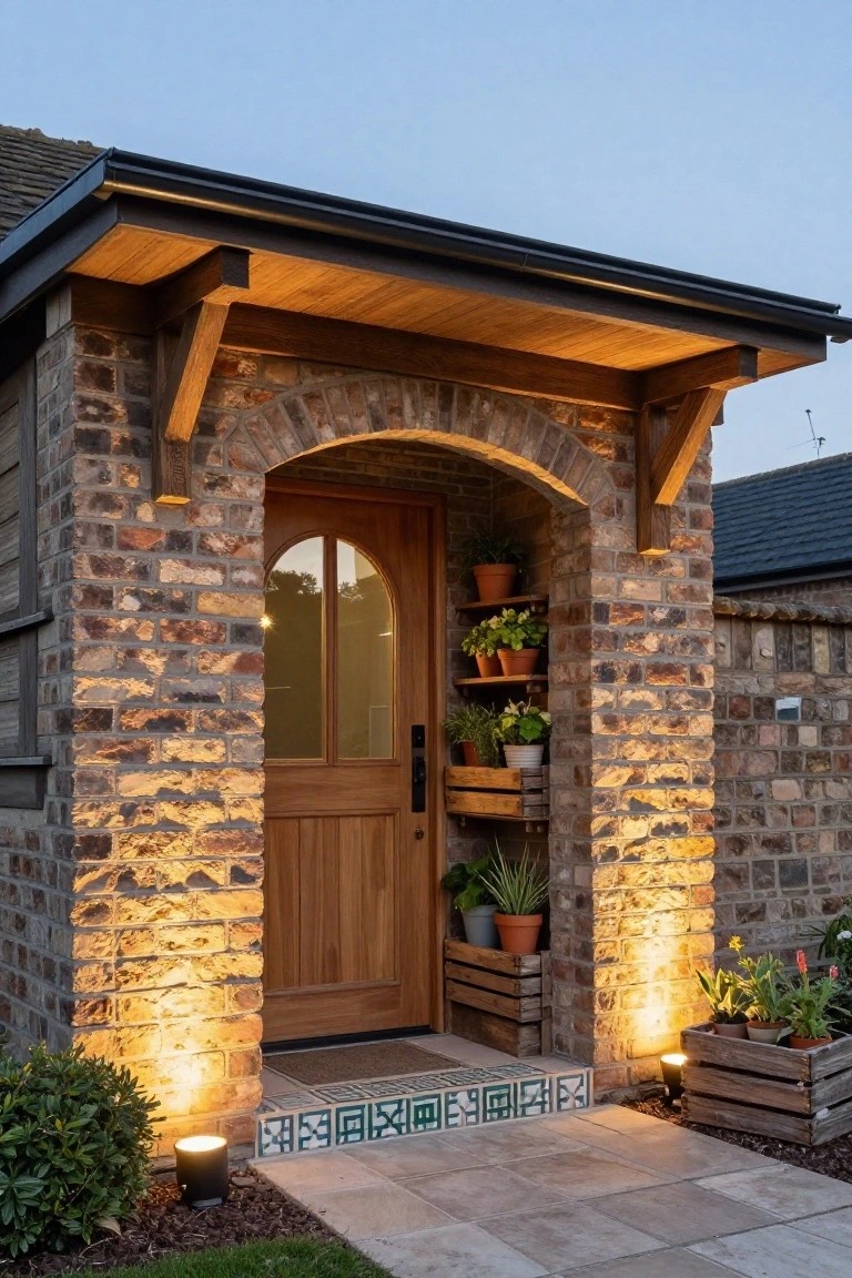 Brick house entrance with arched wooden door, built-in plant shelves, wooden crates with plants, uplights on walls and ground, and patterned tile doorstep leading to grass.