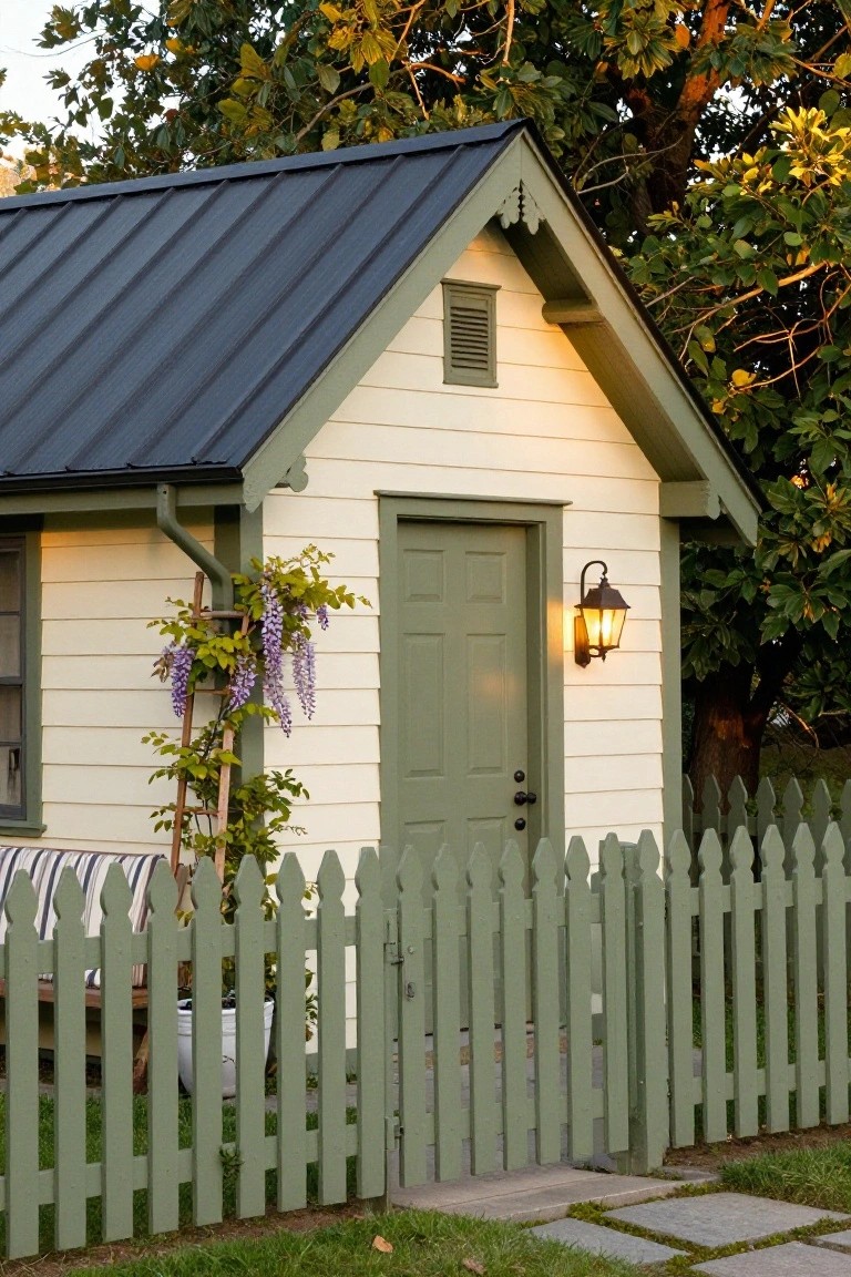 Small gabled garden shed with cream clapboard siding, dark metal roof, sage green paneled door lit by a black lantern light, wisteria vine climbing a wooden ladder trellis on the side, matching green picket fence with open gate, and bench nearby on grass.