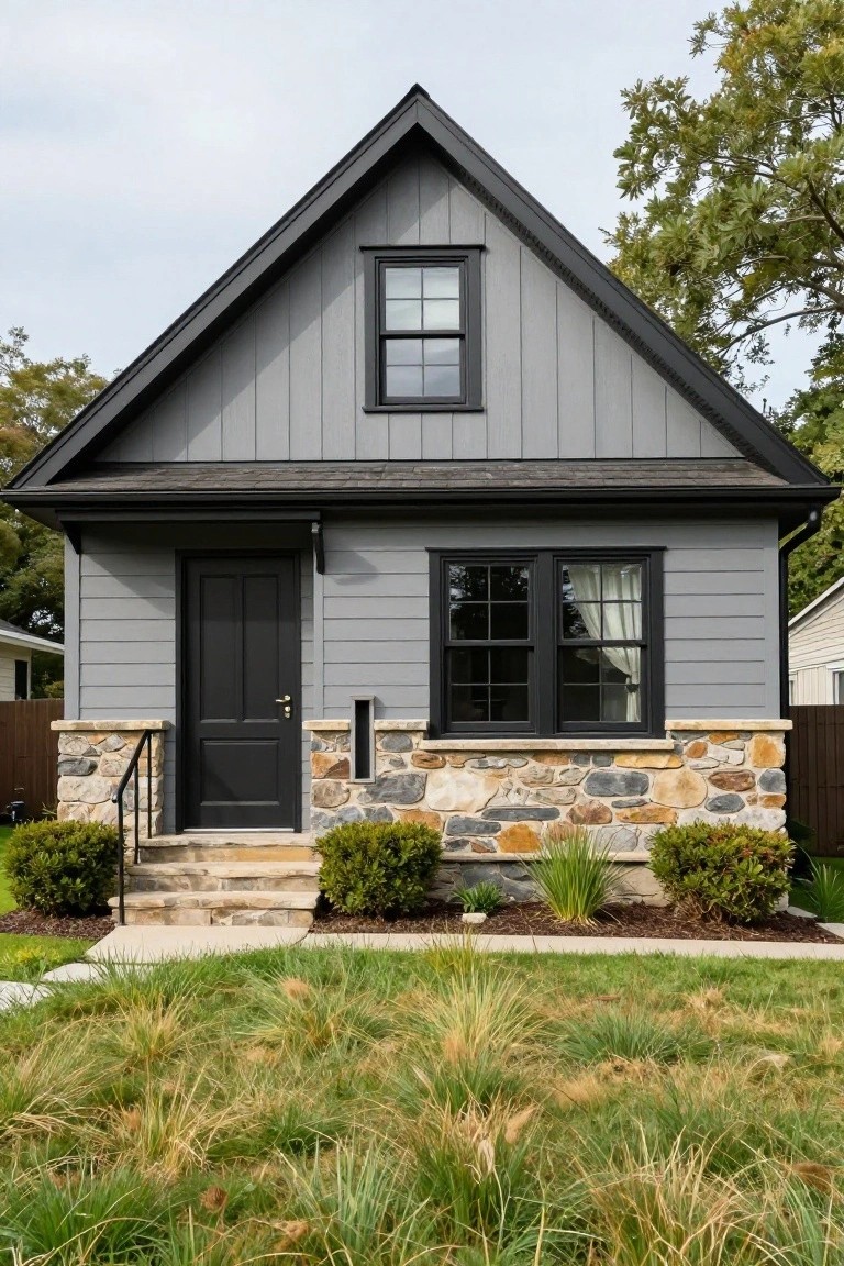 Front view of a small gray-sided house with gabled roof, black-framed windows and door, stone veneer base with pillars and steps at entry, shrubs and grasses in the yard.