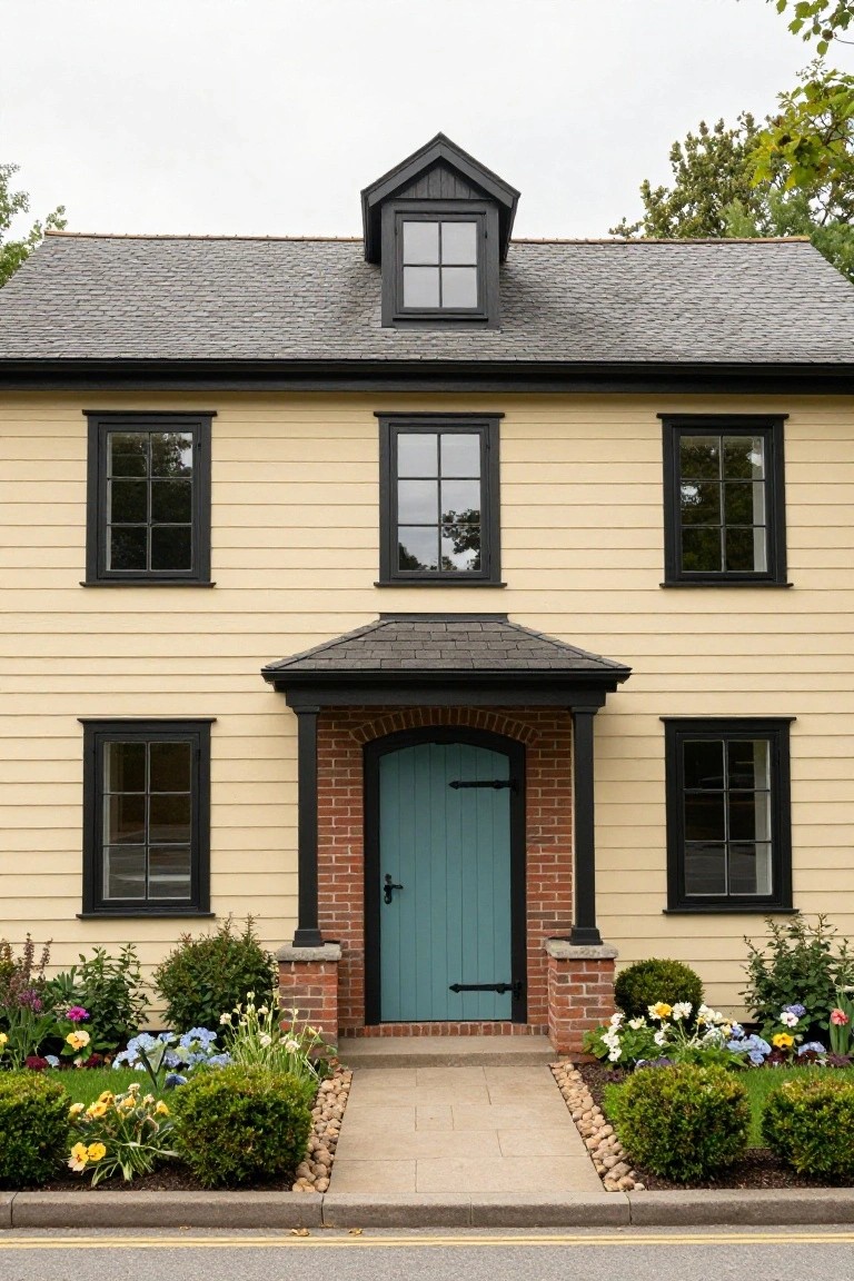 A two-story pale yellow clapboard house with black window frames and trim, featuring a teal front door in a brick archway under a small gabled porch, flanked by flower beds and shrubs along a stone path.