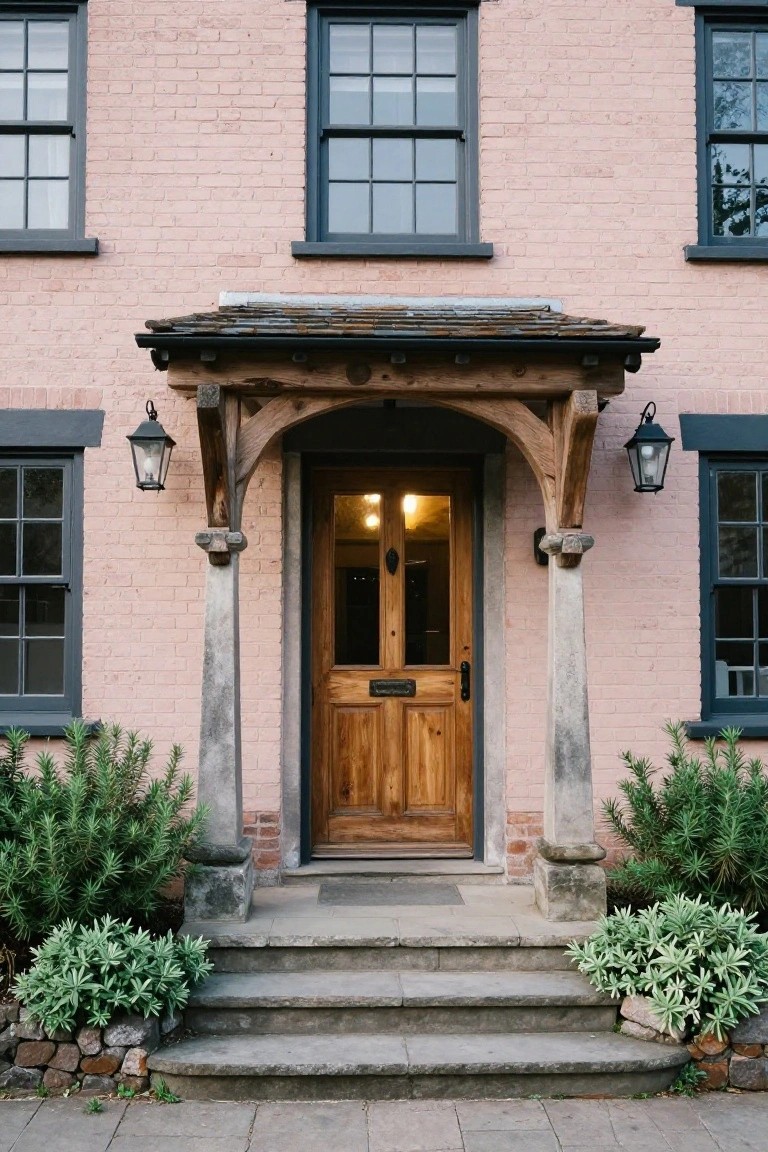 Pink brick house exterior with timber-framed porch over wooden double door, black lanterns on posts, stone steps, and shrubs on each side.