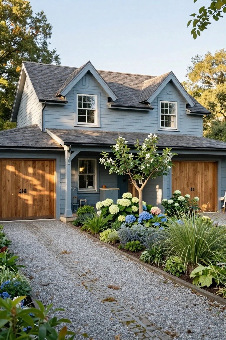 Light blue clapboard house with gabled shingle roof, double wooden garage doors, small flowering tree nearby, gravel driveway edged with hydrangeas and grasses, surrounded by trees.