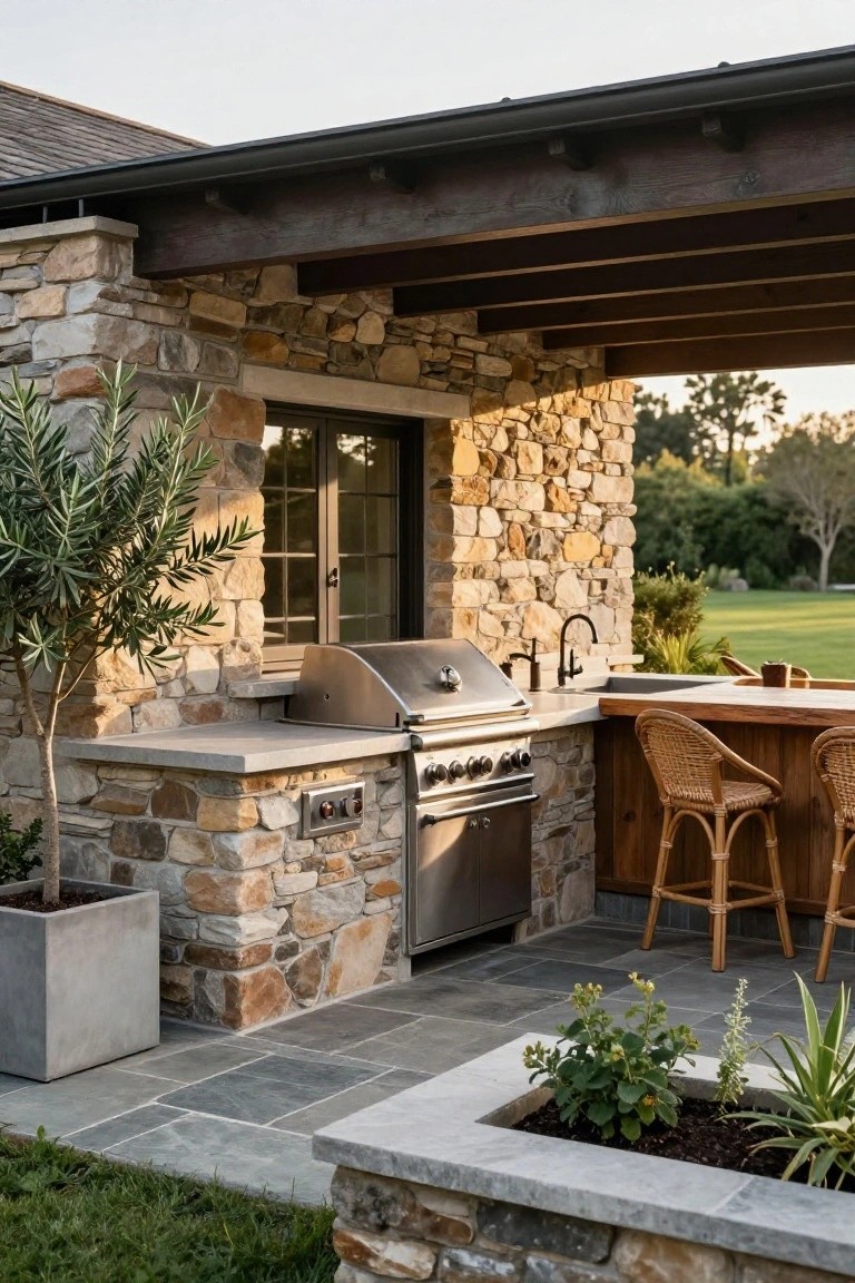 Outdoor kitchen built into stone wall with stainless steel grill, sink on concrete countertop, wooden bar top with two rattan bar stools, potted olive tree, and planted garden bed on slate tile patio next to grassy yard.