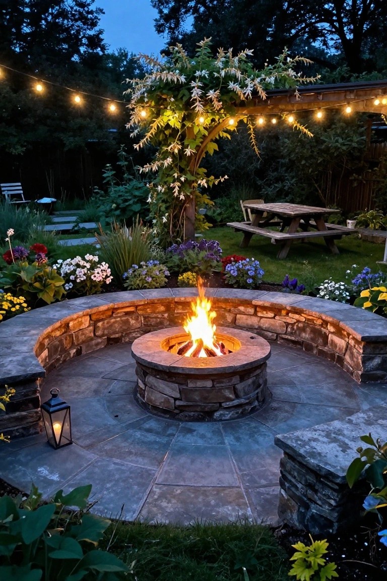 Circular stone fire pit centered within a curved low stone wall forming seating benches in a backyard patio surrounded by flowers, plants, string lights, and a wooden picnic table at dusk.