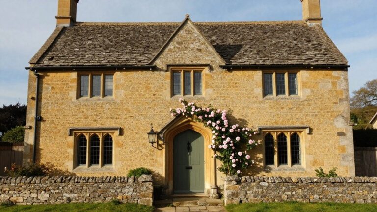 Two-story cottage with honey-colored stone walls, arched green front door framed by pink climbing roses, flanked by boxwood shrubs and low stone walls with a paved path leading to the entrance.