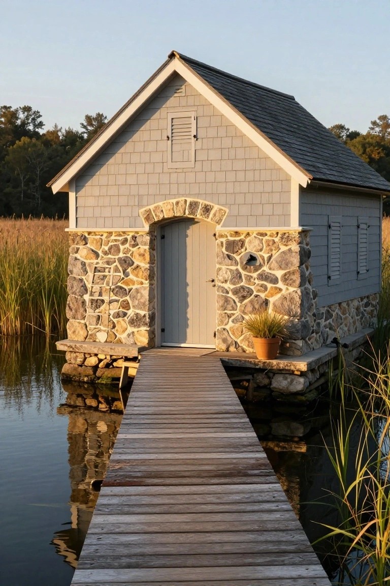 Small gray shingle cottage with fieldstone base, arched gray door, and wooden walkway on a dock over reflective water surrounded by reeds and trees.