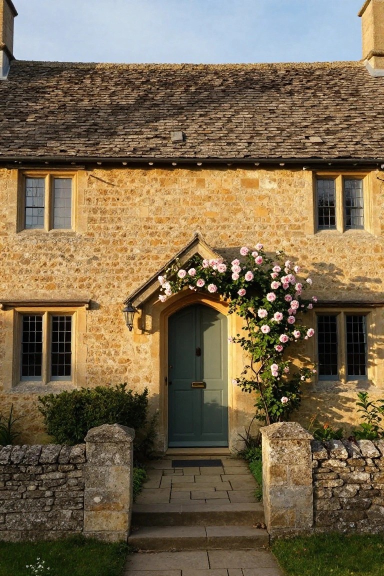 Two-story cottage with honey-colored stone walls, arched green front door framed by pink climbing roses, flanked by boxwood shrubs and low stone walls with a paved path leading to the entrance.