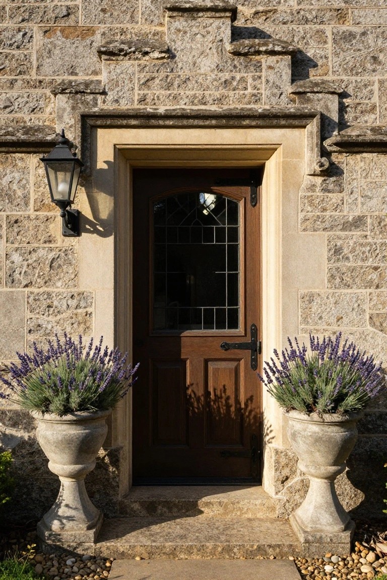 Beige stone house facade with projecting stone hood over a dark wooden arched door featuring leaded glass window, flanked by two large stone urns of purple lavender, a wall lantern light on the left, and stone steps leading to gravel path.