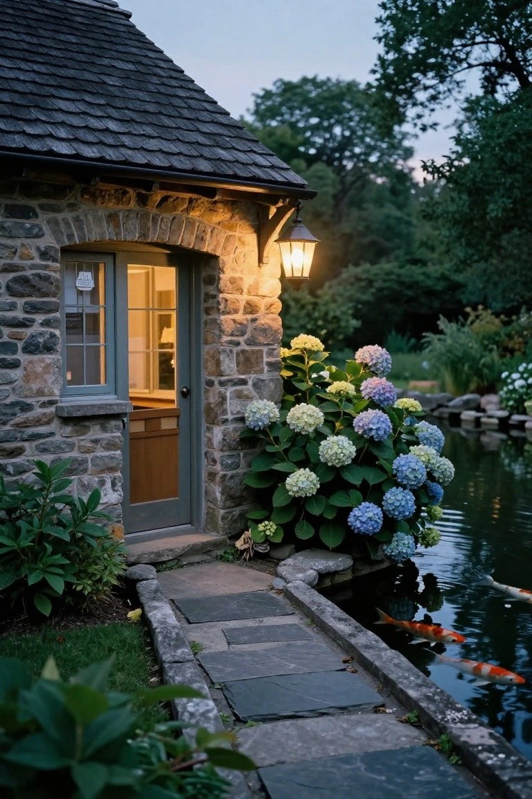 Small stone cottage with arched window, green wooden door, exterior lantern light, surrounded by hydrangea bushes and koi pond with stone path at evening.