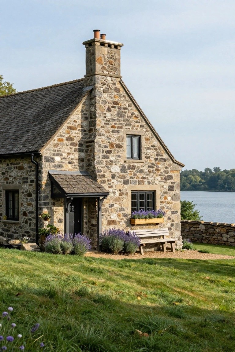 Stone cottage with irregular fieldstone walls, slate roof, black-framed windows, wooden porch and bench with lavender plants, low stone wall, grass lawn, and lake in background.