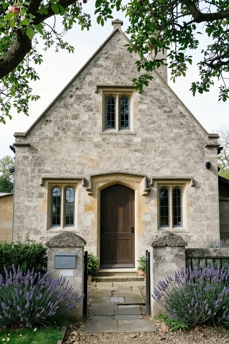Stone cottage exterior with pointed Gothic arched windows and wooden entry door, flanked by lavender plants, stone gate posts, and overhanging apple tree branches.