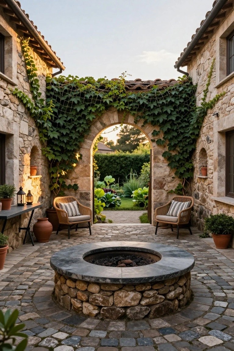 Courtyard patio featuring a central circular fire pit with stone base and black slate top on cobblestone flooring, flanked by two rattan armchairs, ivy-covered stone walls, potted plants, lanterns, and an arched gateway to a garden.