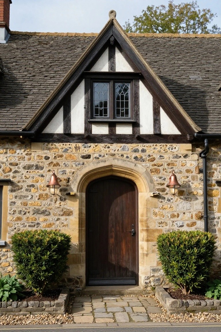 Cottage facade with multicolored stone walls, black half-timber framing on white gable end, stained-glass window, arched wooden front door, flanked by copper lanterns and clipped boxwood shrubs beside a stone path.