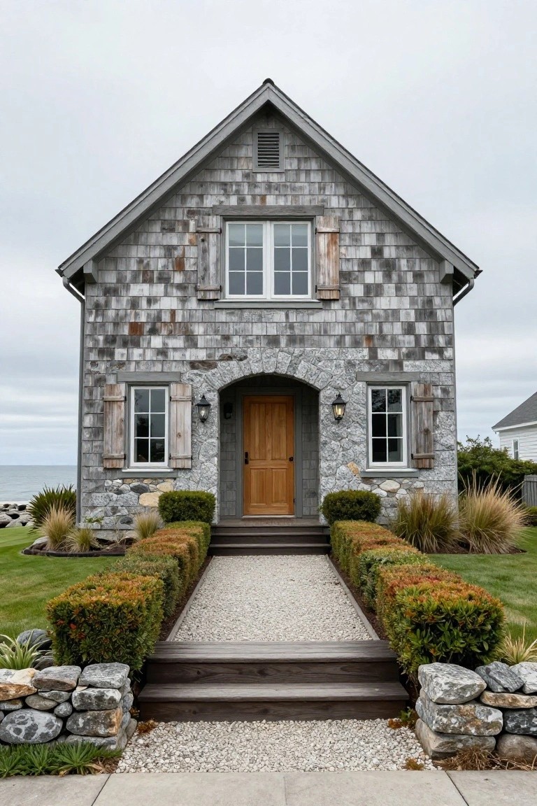 Gray shingle-sided cottage with arched stone entryway around a wooden door, flanked by shuttered windows, wooden steps leading to gravel path bordered by boxwood hedges and grasses, with ocean and rocks in background.