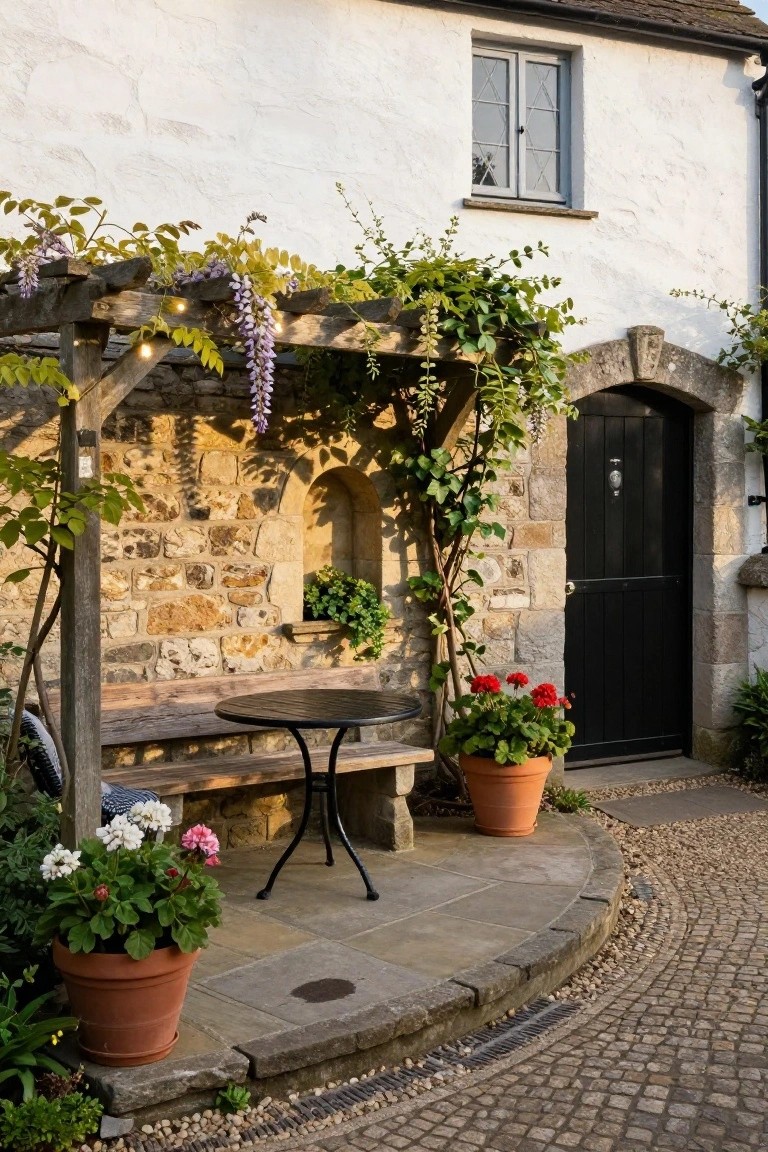 White rendered cottage exterior with lower stone wall featuring a black arched wooden door, wooden pergola draped in purple wisteria and green vines over a stone patio with wooden bench, metal table, and potted plants.