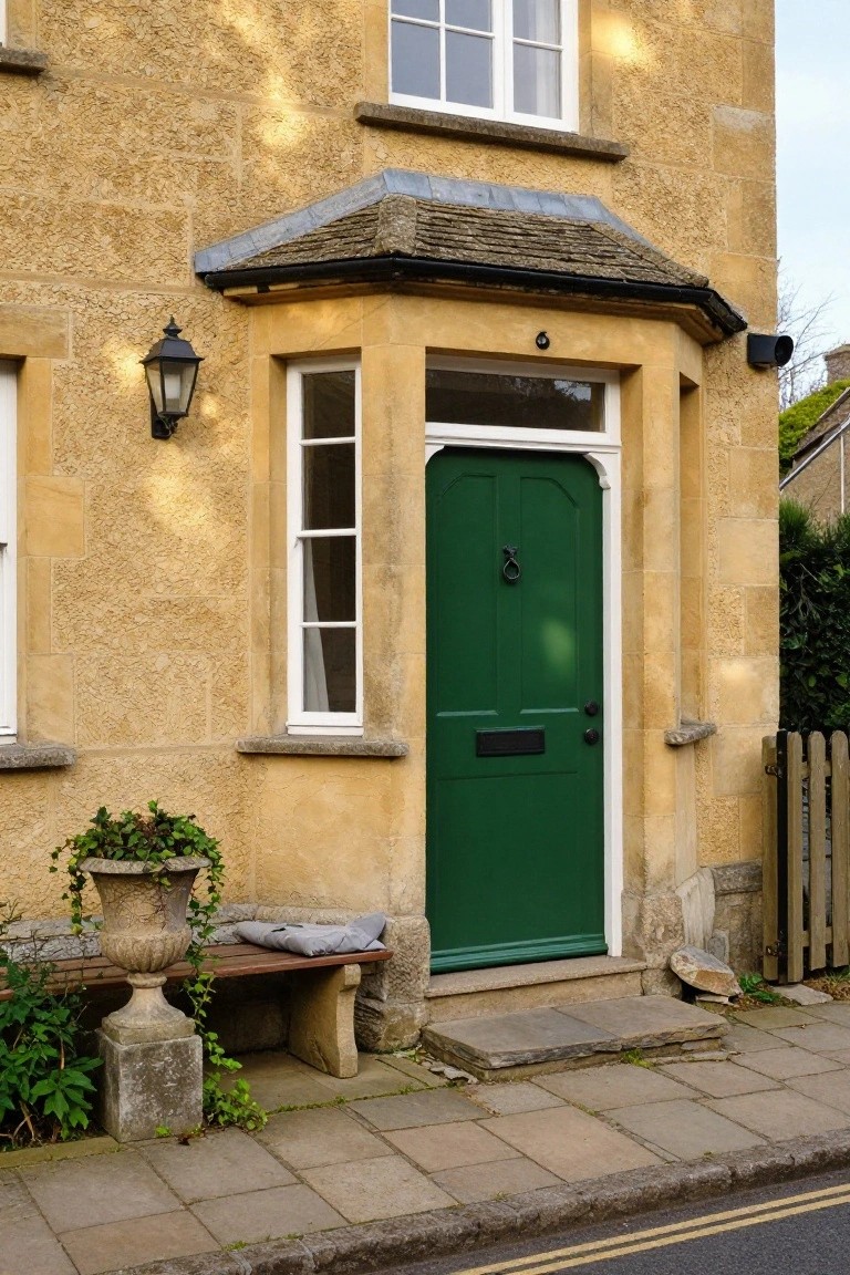 Yellow stone cottage exterior with textured walls, white-framed windows, glossy green front door with black knocker and letterbox, porch lantern, ivy-draped stone urn and wooden bench on paved path next to road.