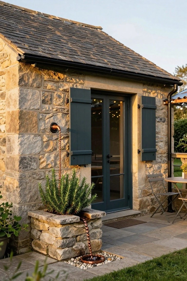 Stone cottage exterior with slate roof, dark green shutters and French doors, copper chain fountain on wall spilling into stone planter with rosemary plant, paved patio, and nearby bistro table.